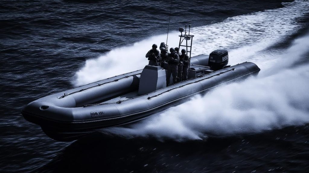 An IDF naval commando RHIB assault boat operating at speed in Mediterranean waters. AEROMAOZ’s mission grip was purpose-engineered to control weapons and visual systems aboard vessels operating in exactly these conditions. 