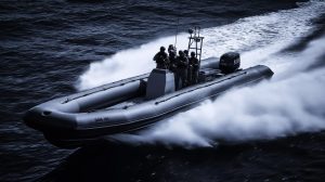 An IDF naval commando RHIB assault boat operating at speed in Mediterranean waters. AEROMAOZ’s mission grip was purpose-engineered to control weapons and visual systems aboard vessels operating in exactly these conditions.